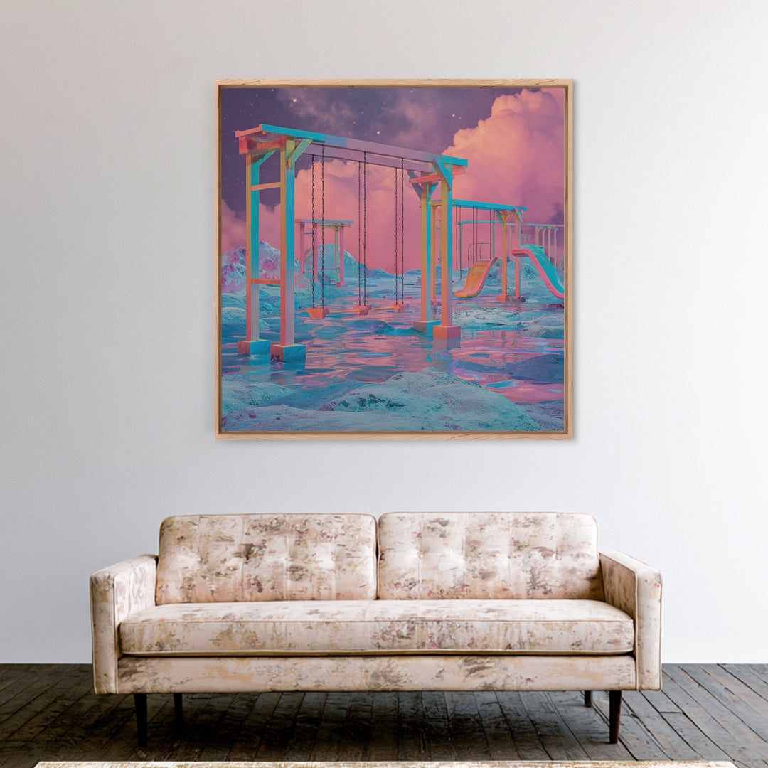 Surreal Neon Playground Landscape Wall Art, Dreamy Fantasy Seascape Canvas Print, Modern Home Decor, Statement Artwork