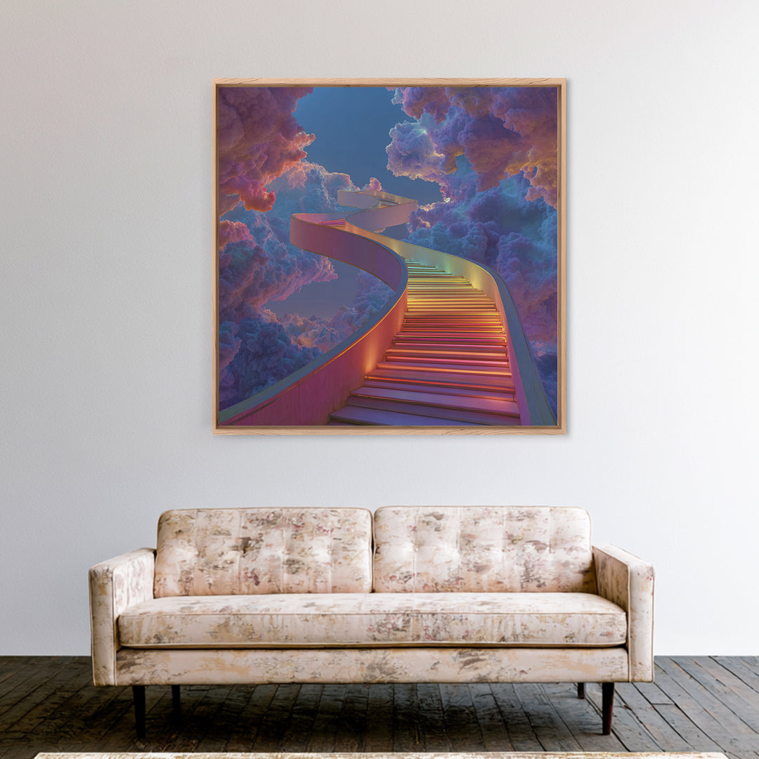 Rainbow Stairway Through Clouds Surreal Fantasy Wall Art, Dreamy Colorful Sky Canvas Print Home Decor