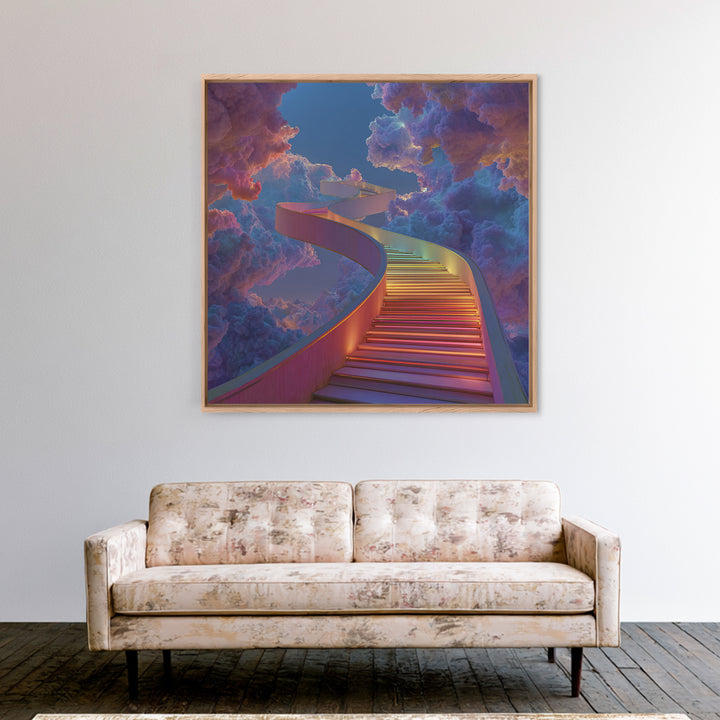 Rainbow Stairway Through Clouds Surreal Fantasy Wall Art, Dreamy Colorful Sky Canvas Print Home Decor