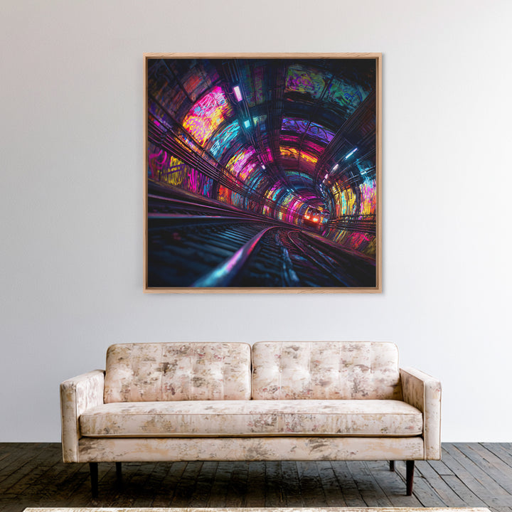 Neon Tunnel Cityscape Wall Art, Futuristic Subway Graffiti Canvas Print, Vibrant Urban Gaming Room Decor