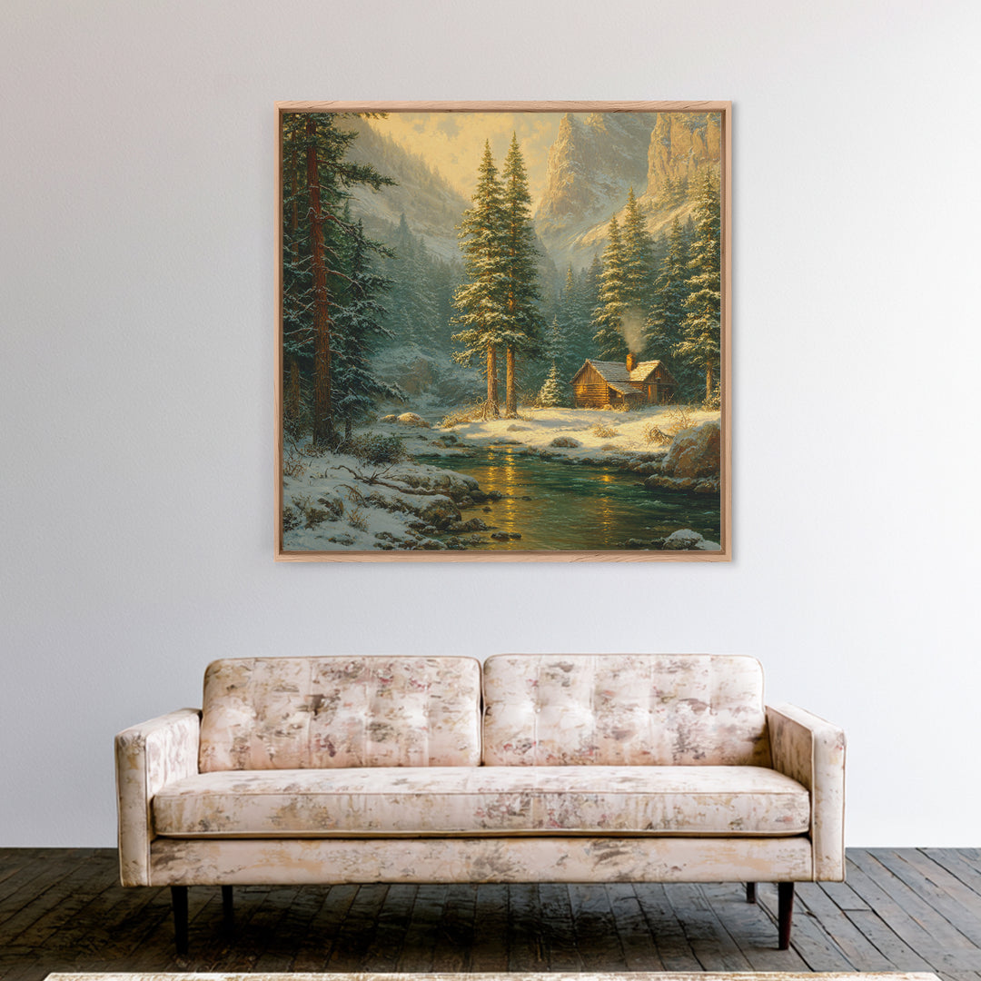 Cozy Winter Cabin By River Landscape Wall Art, Snowy Mountain Sunset Canvas Print, Rustic Farmhouse Decor Living Room Art