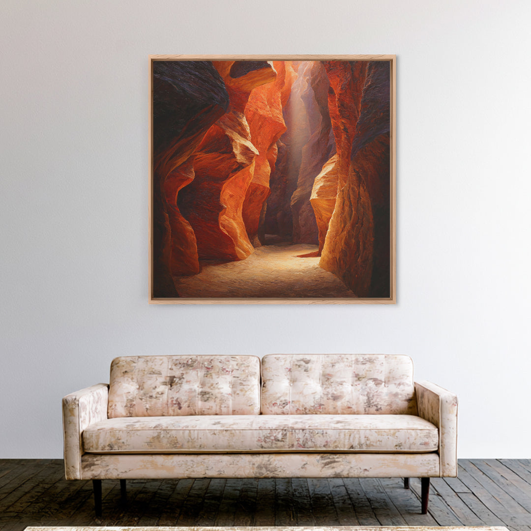 Sunlit Slot Canyon Textured Wall Art, Dramatic Red Rock Landscape Canvas Print, Vertical Desert Painting For Entryway Or Living Room Decor