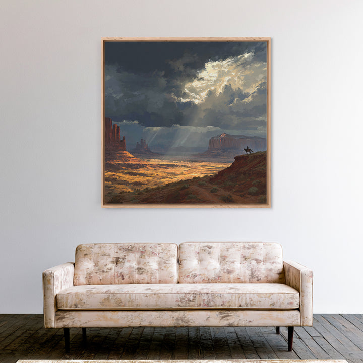 Cowboy In Desert Canyon Landscape Painting Wall Art, Western Sunset Print, Modern Southwest Home Decor For Living Room