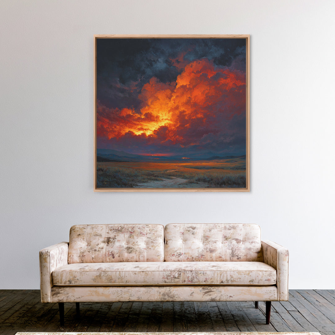 Dramatic Sunset Storm Cloud Landscape Wall Art, Fiery Sky Canvas Print, Modern Living Room Statement Artwork
