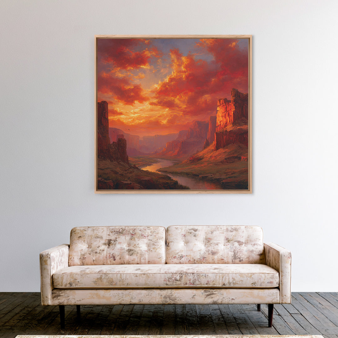 Majestic Canyon River Landscape At Sunset Wall Art Oil Painting Framed Canvas Print Rustic Home Decor