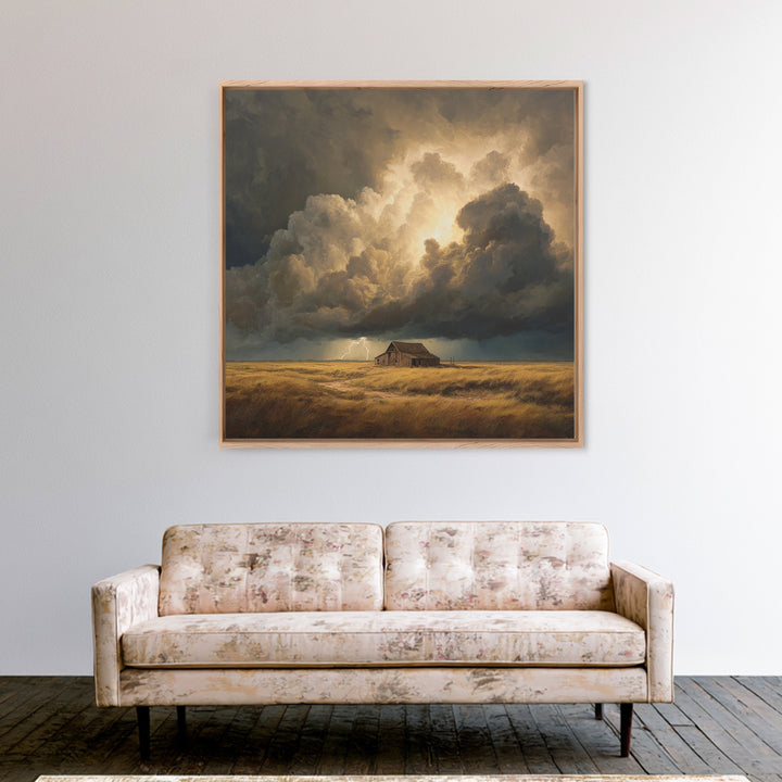 Stormy Sky Over Rustic Barn Landscape Painting Wall Art, Dramatic Lightning Cloud Print, Country Farmhouse Rustic Decor
