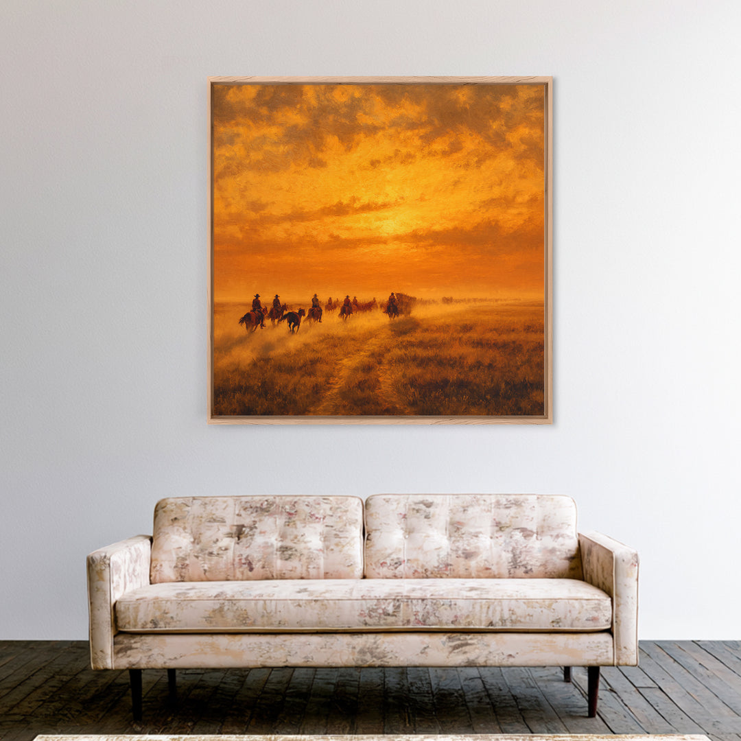 Western Cowboy Cattle Drive At Sunset Wall Art, Desert Landscape Print, Rustic Home Decor, Living Room Wall Art Canvas Print