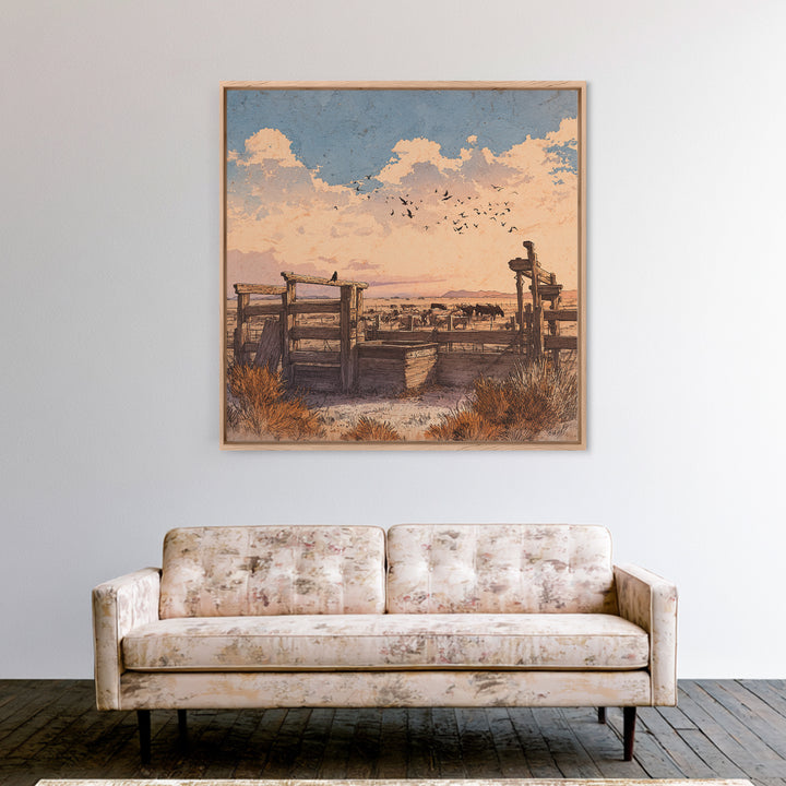 Western Ranch At Sunset Wall Art, Rustic Cowboy Landscape Canvas Print, Desert Farmhouse Decor For Living Room Or Office
