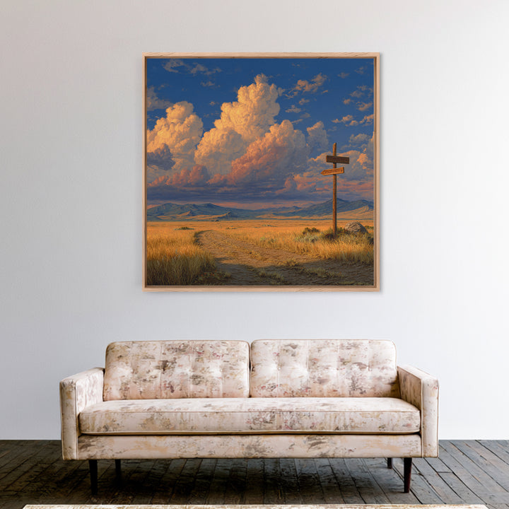 Golden Prairie Road At Crossroads Landscape Wall Art For Rustic Home Decor, Western Country Living Room Canvas Print
