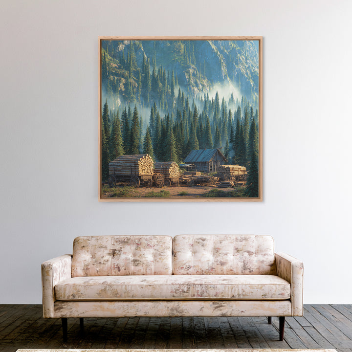 Cozy Cabin In Misty Pine Forest Wall Art, Rustic Mountain Landscape Canvas Print, Farmhouse Country Home Decor