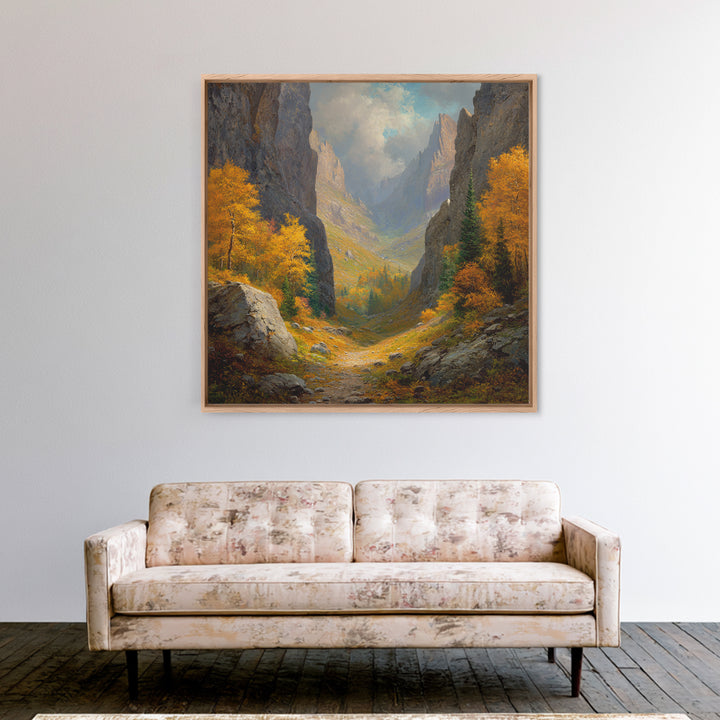 Golden Autumn Mountain Valley Path Landscape Wall Art, Cozy Fall Forest Canyon Living Room Canvas Print