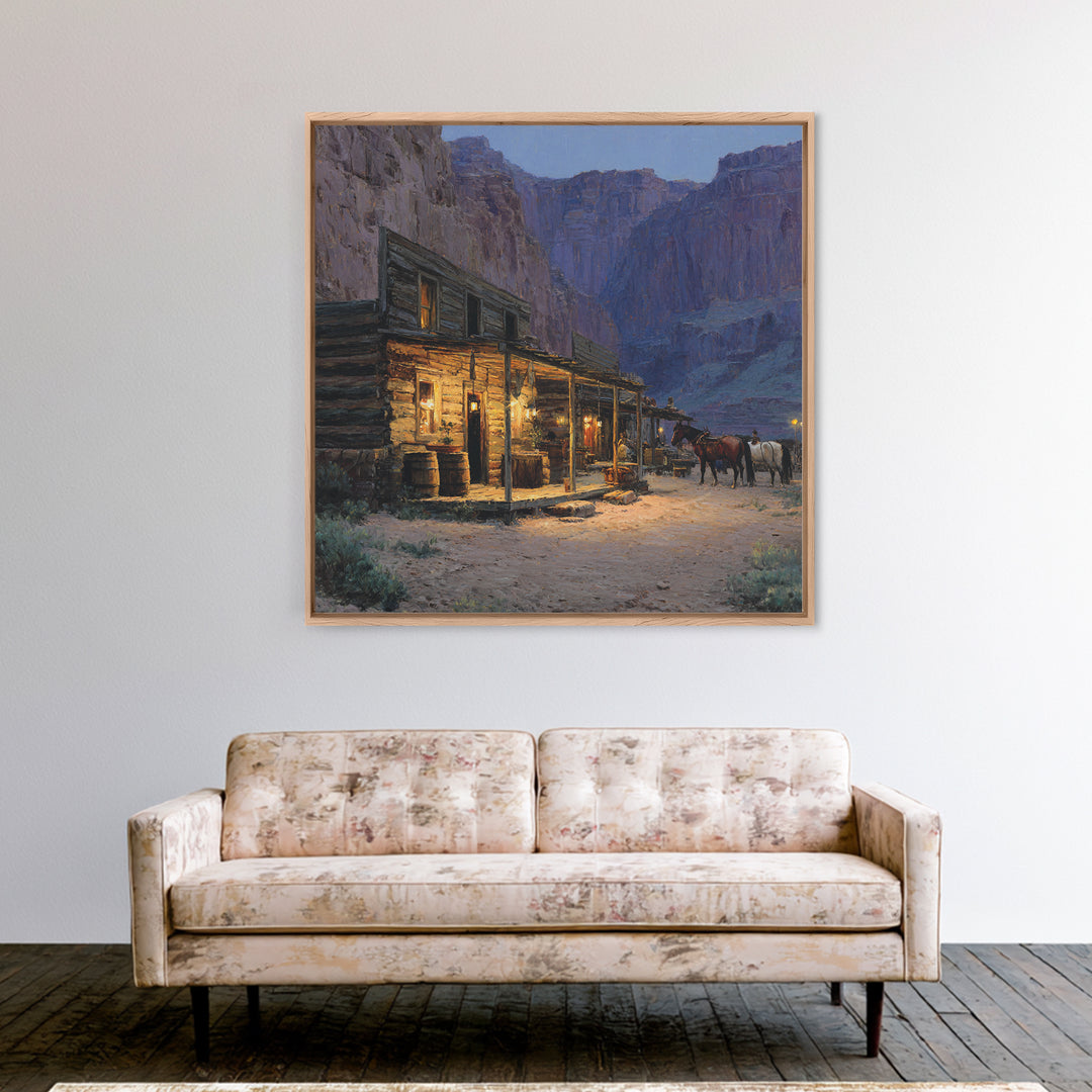 Cozy Old Western Cabin At Dusk Wall Art, Rustic Farmhouse Landscape Print, Country Home Decor, Living Room Rustic Canvas Print
