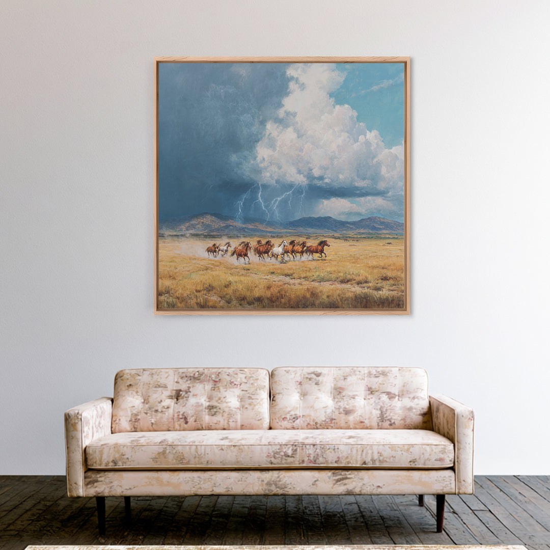 Wild Horses Running Under Stormy Sky Landscape Wall Art Canvas Print Western Country Decor Large Landscape Painting