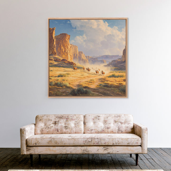 Wild Mustangs Running Through Desert Canyon Landscape Wall Art Western Country Home Decor Large Modern Landscape Print