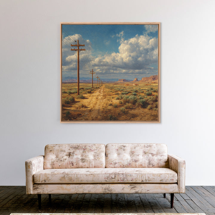 Desert Telephone Poles Landscape Wall Art Print, Rustic Country Road Western Decor, Neutral Landscape Canvas Print For Living Room
