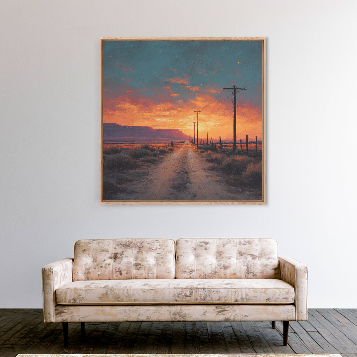 Country Dirt Road Sunset Landscape Wall Art, Warm Rustic Western Painting, Farmhouse Home Decor Large Framed Canvas Print