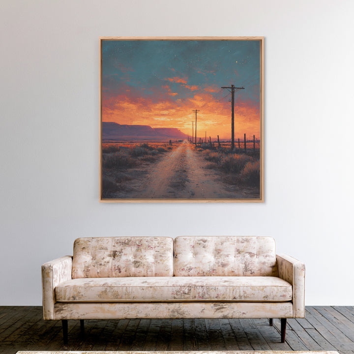 Country Dirt Road Sunset Landscape Wall Art, Warm Rustic Western Painting, Farmhouse Home Decor Large Framed Canvas Print