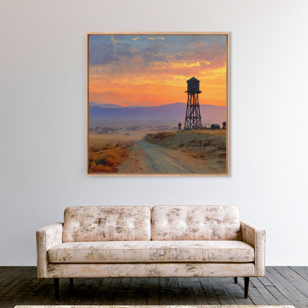 Western Sunset Water Tower Landscape Wall Art, Cowboy Desert Road Canvas Print, Rustic Country Home Decor For Living Room Or Office