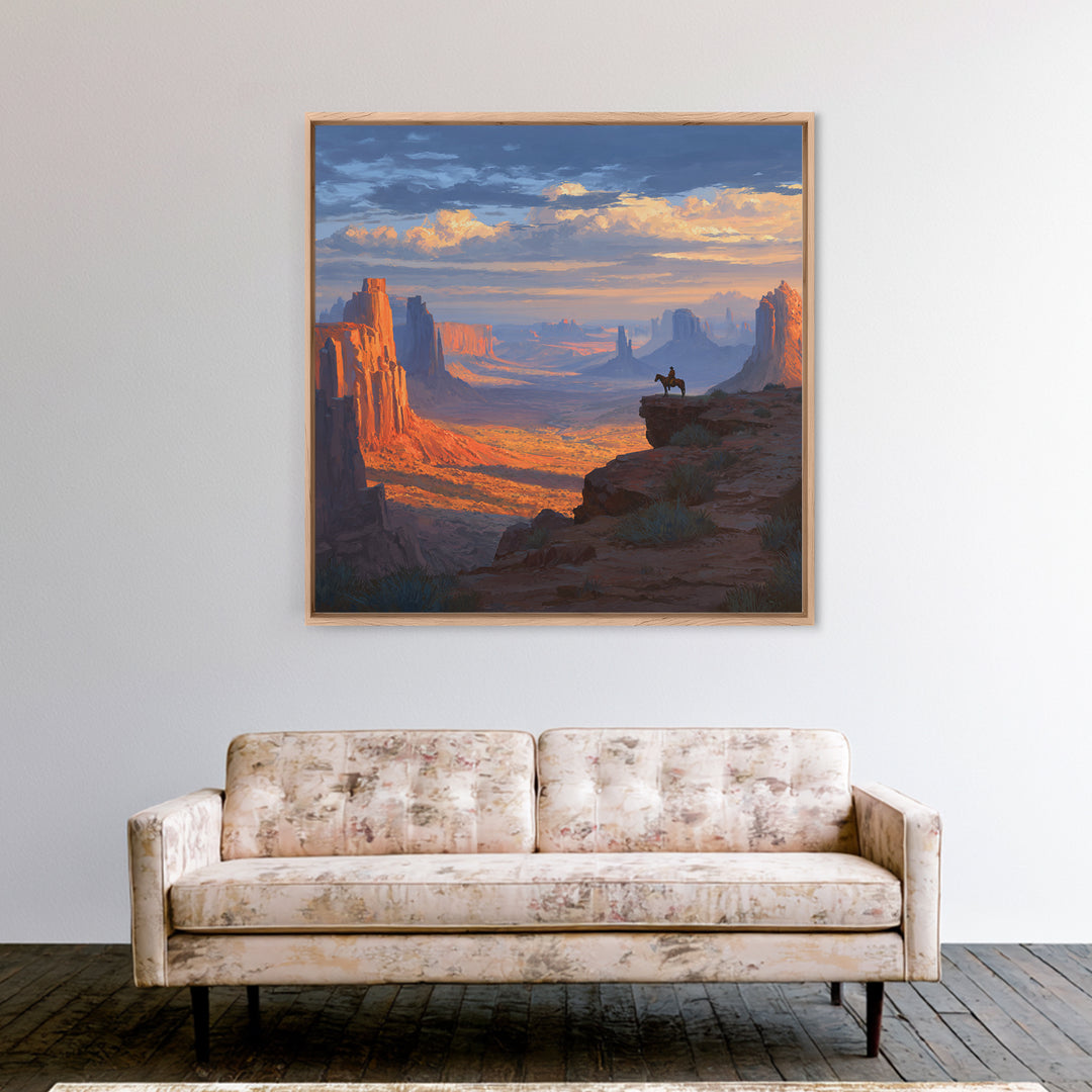 Monument Valley Cowboy Panorama Wall Art, Western Desert Landscape Canvas Print, Large Rustic Living Room Decor