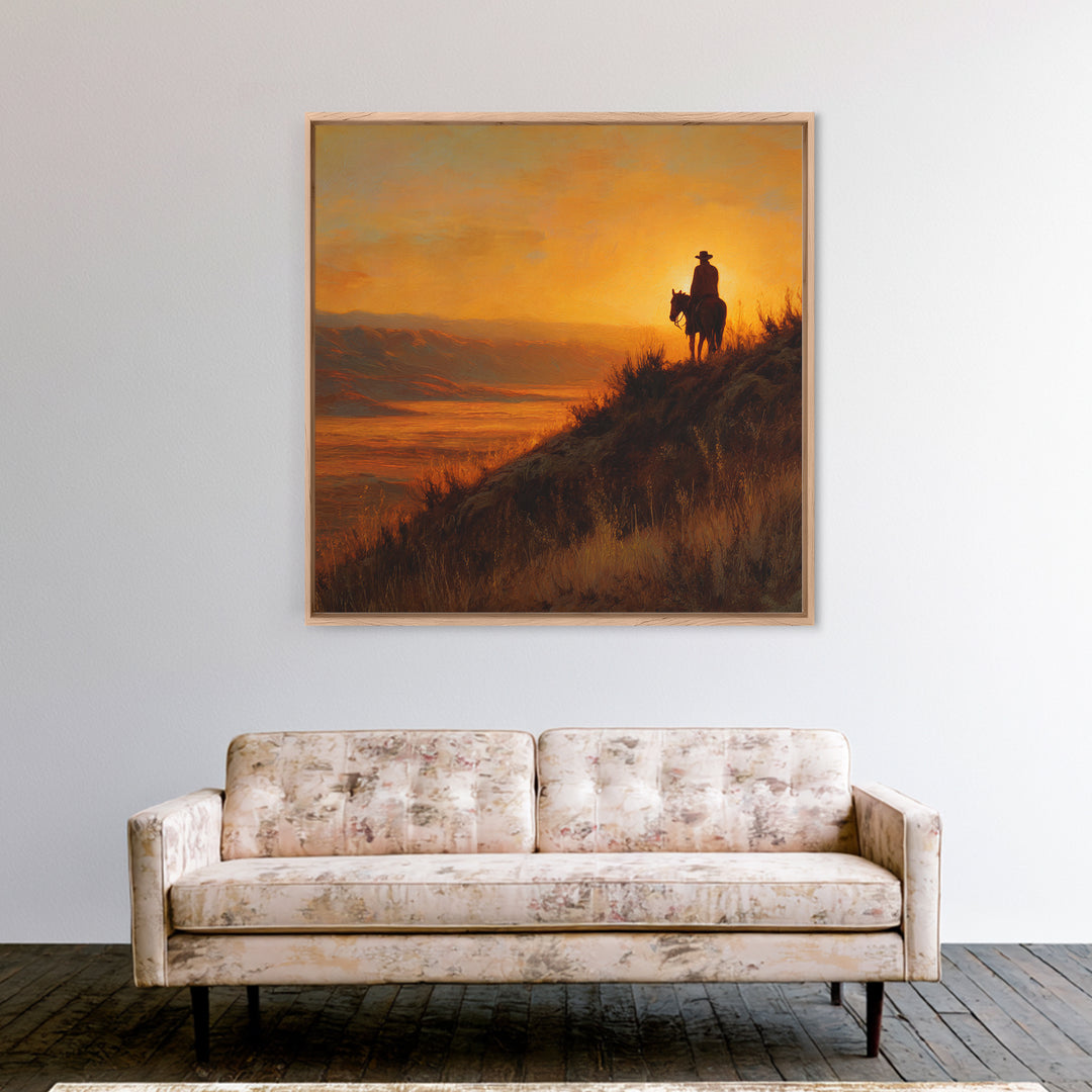 Western Cowboy Sunset Hill Painting Wall Art, Rustic Horse Rider Canvas Print, Warm Desert Landscape Home Decor