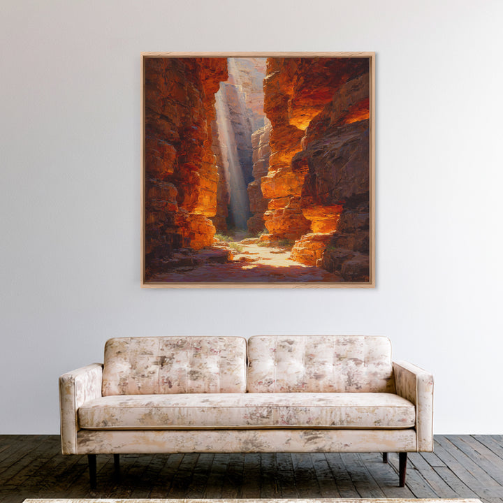 Golden Canyon Sun Rays Desert Landscape Wall Art Print, Southwestern Rustic Decor, Warm Nature Painting Living Room Art