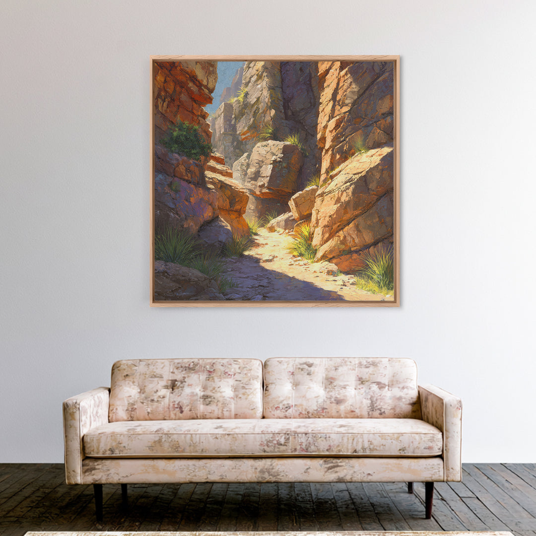 Sunlit Desert Canyon Trail Landscape Wall Art, Warm Southwest Rocks And Sage Green Nature Canvas Print