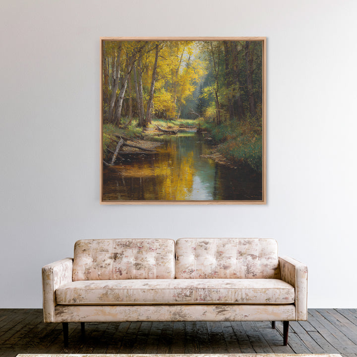 Golden Forest Creek Wall Art, Autumn Landscape Canvas Print, Rustic Nature Painting For Cozy Living Room Decor