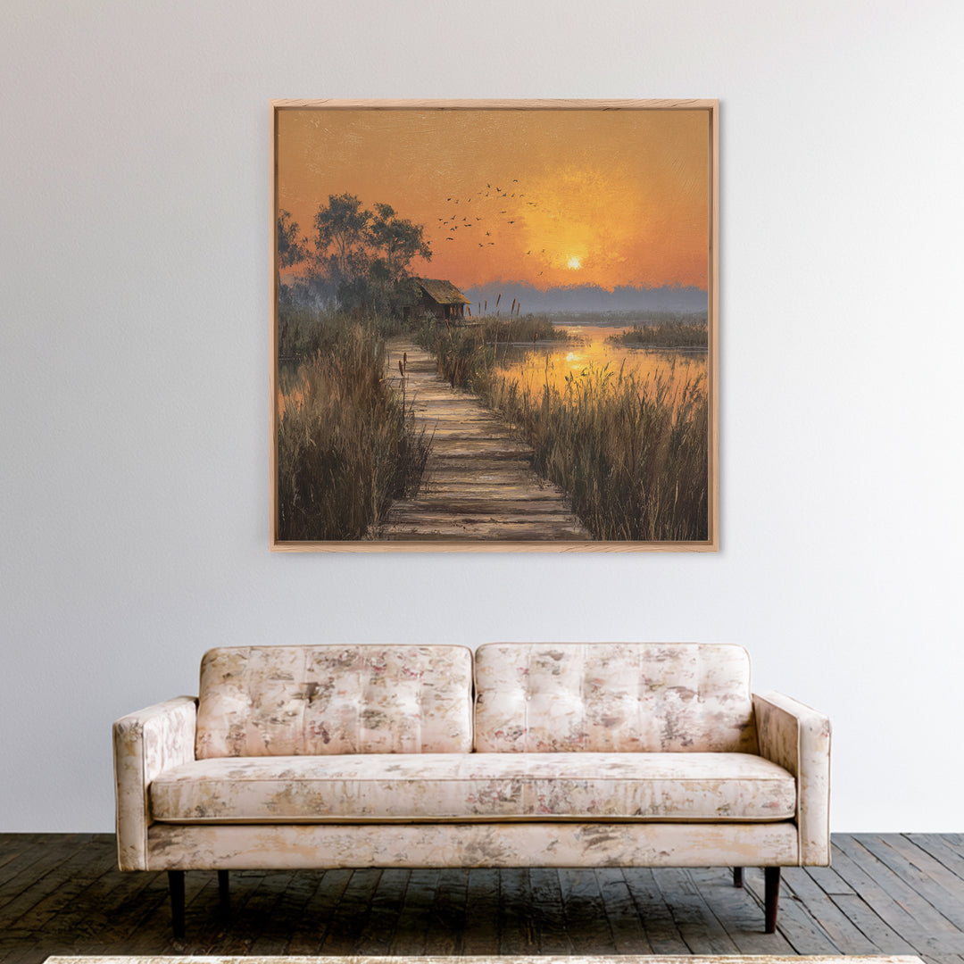 Peaceful Sunset Over Lakeside Cabin And Boardwalk Nature Landscape Wall Art Framed Canvas Print For Living Room