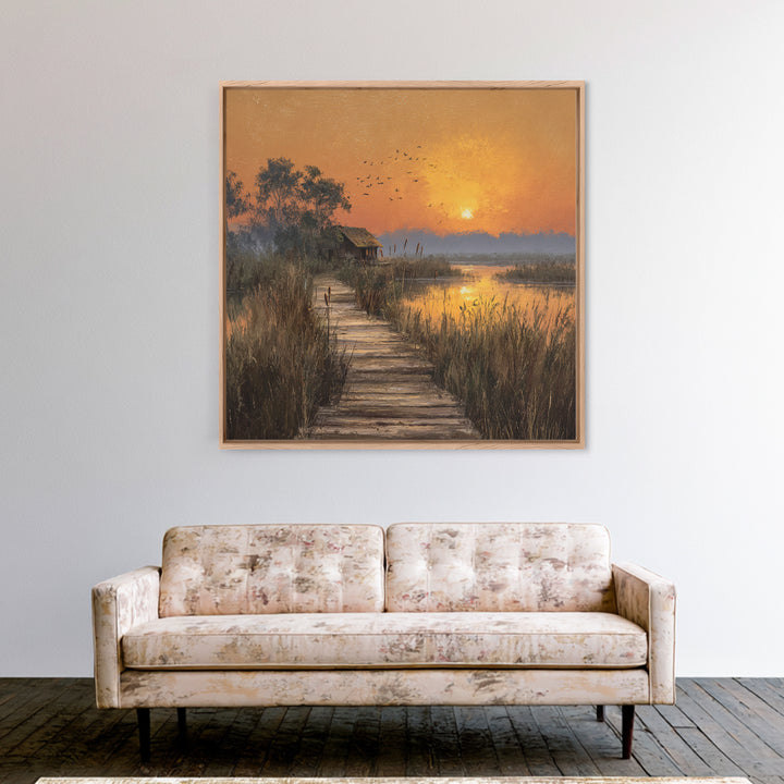 Peaceful Sunset Over Lakeside Cabin And Boardwalk Nature Landscape Wall Art Framed Canvas Print For Living Room
