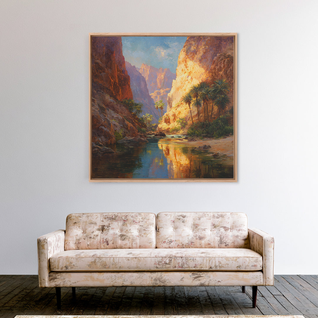 Sunlit Desert Canyon Oasis Landscape Wall Art Canvas Print, Modern Southwestern Nature Painting For Living Room Home Decor