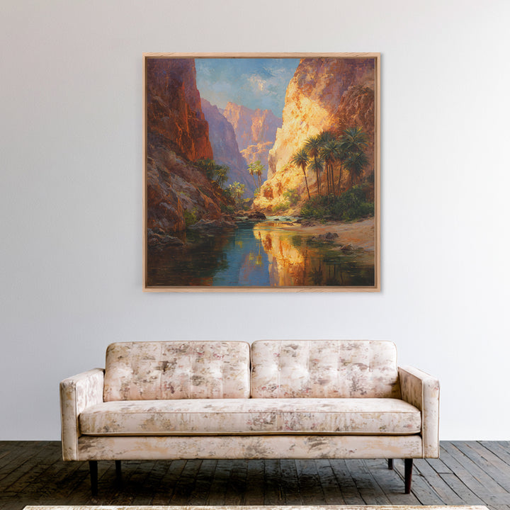 Sunlit Desert Canyon Oasis Landscape Wall Art Canvas Print, Modern Southwestern Nature Painting For Living Room Home Decor