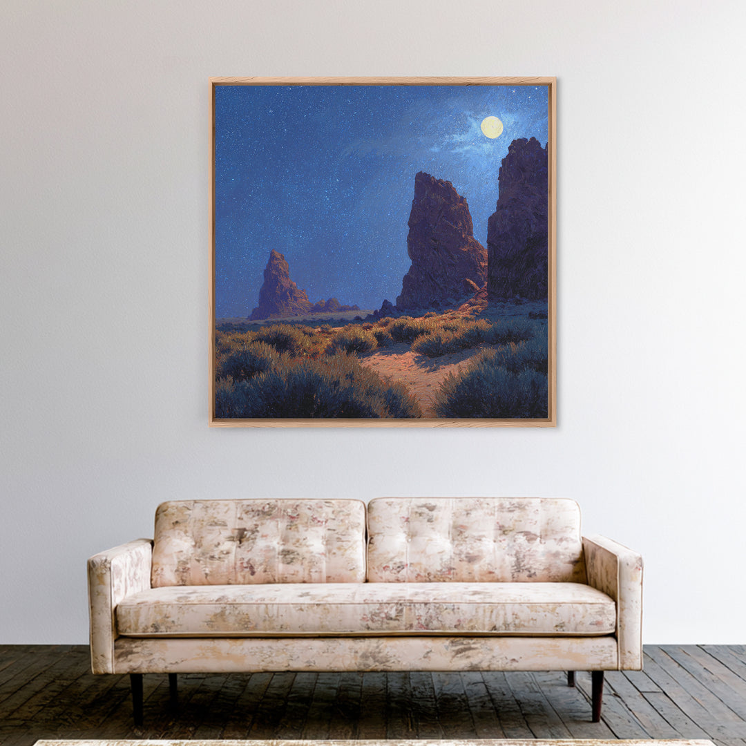 Moonlit Desert Rocks Wall Art, Night Sky Landscape Painting, Southwestern Stars Print, Calming Rustic Home Decor Canvas Print