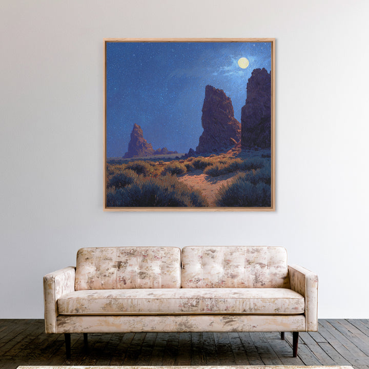 Moonlit Desert Rocks Wall Art, Night Sky Landscape Painting, Southwestern Stars Print, Calming Rustic Home Decor Canvas Print