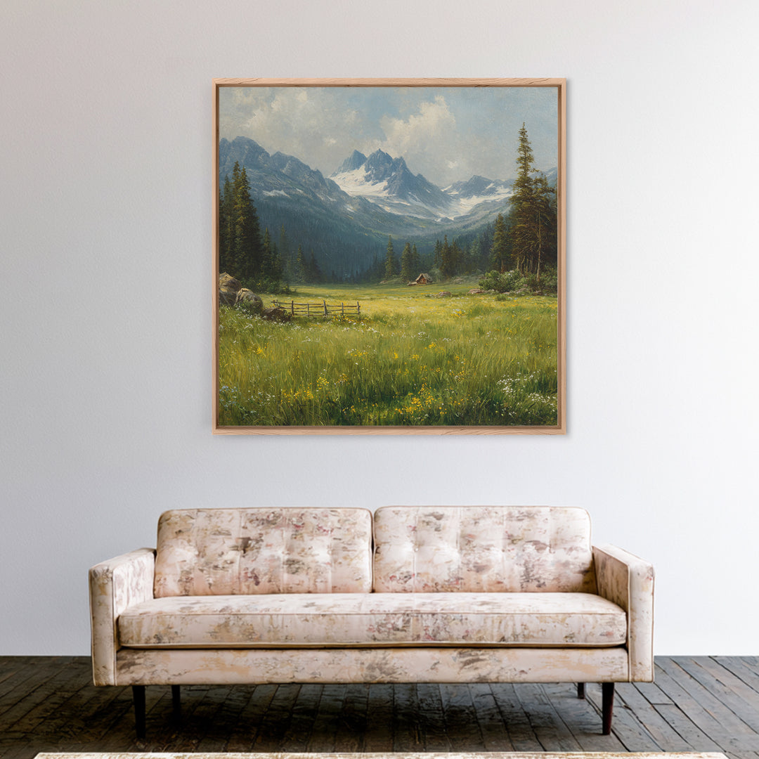 Alpine Meadow Cabin Landscape Wall Art, Mountain Valley Oil Painting Print, Rustic Country Home Decor Living Room Wall Art