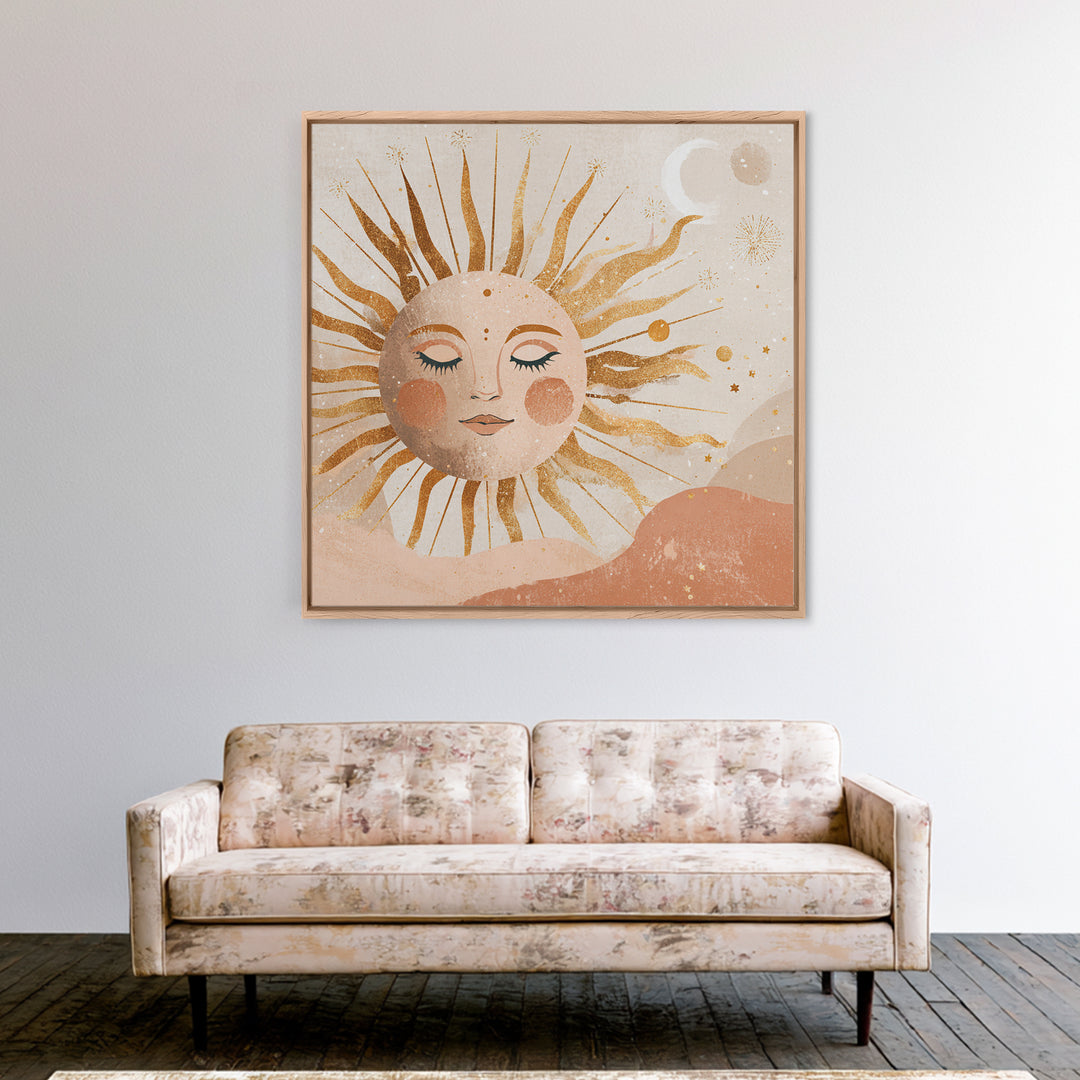Boho Sun And Moon Wall Art, Celestial Gold Face Print, Whimsical Nursery Decor, Spiritual Bedroom Canvas Gift For Her Home Decor