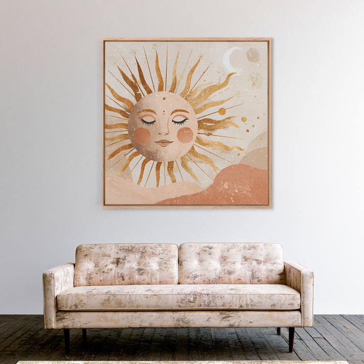 Boho Sun And Moon Wall Art, Celestial Gold Face Print, Whimsical Nursery Decor, Spiritual Bedroom Canvas Gift For Her Home Decor
