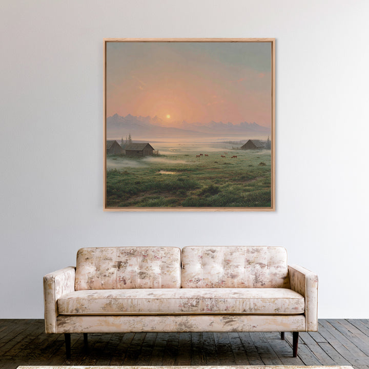 Misty Sunrise Farm Landscape Wall Art, Rustic Country Barn Pasture Print, Farmhouse Wall Decor Living Room Wall Art