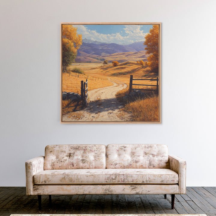 Golden Country Road Autumn Landscape Wall Art, Rustic Farmhouse Canvas Print For Cozy Living Room Decor