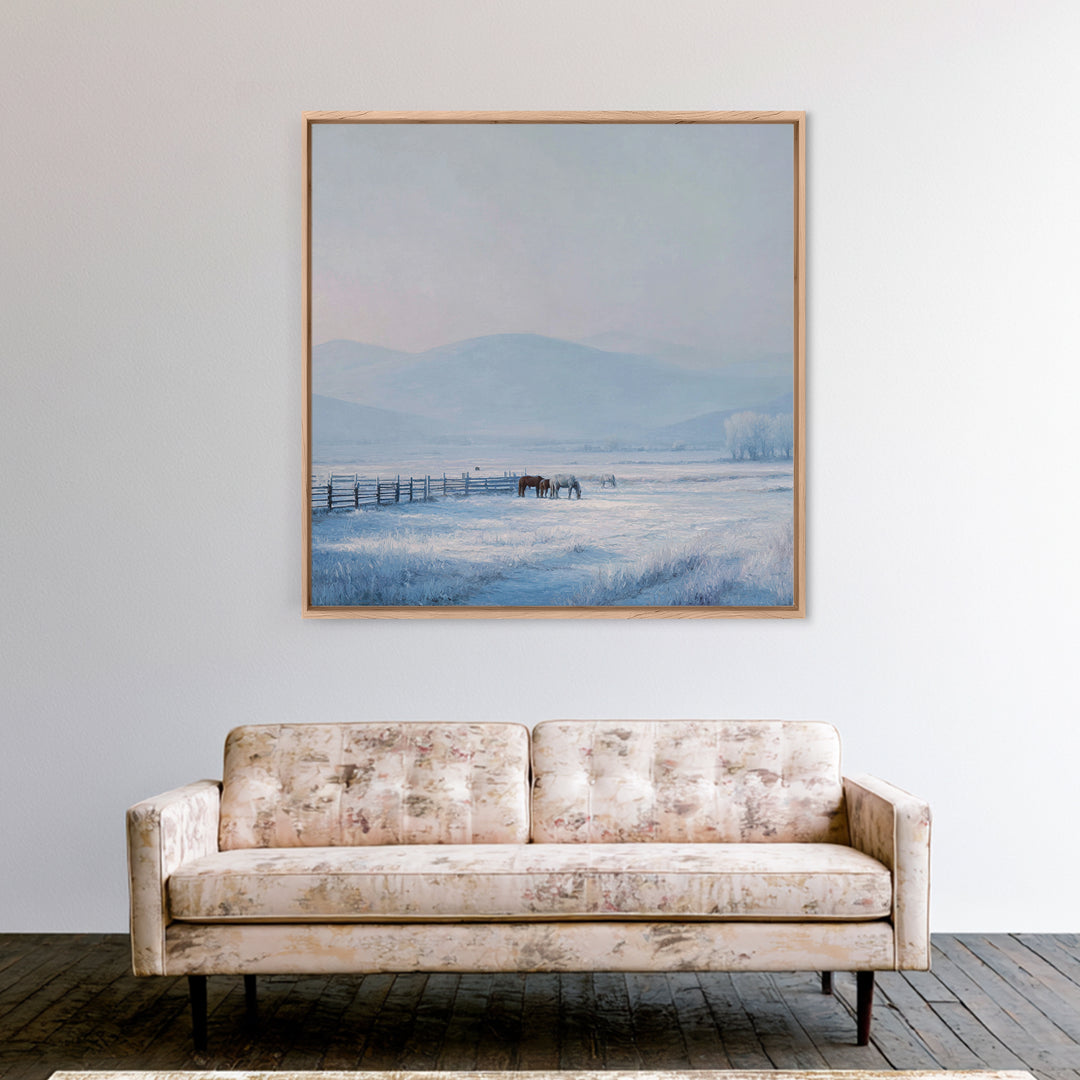 Idyllic Winter Landscape With Horses And Mountains Peaceful Snow Scene Wall Art Framed Canvas Print For Cozy Home Decor
