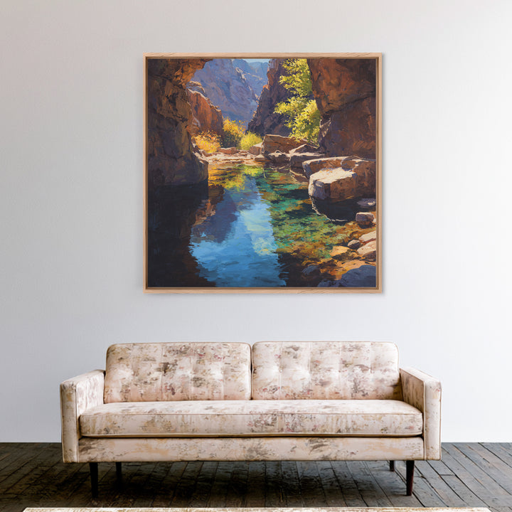 Sunlit Canyon Creek Landscape Oil Painting Wall Art, Nature Mountain Stream Canvas Print, Rustic Cabin Decor Modern Landscape