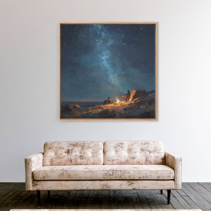 Cowboys By Campfire Under Milky Way Night Sky Wall Art Print, Western Landscape Painting, Rustic Country Home Decor Art