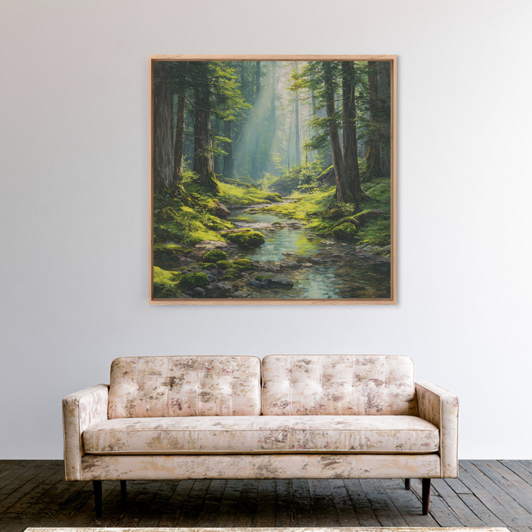 Sunlit Forest Creek Landscape Wall Art Nature Painting Canvas Print Rustic Home Decor Cabin Living Room Wall Art