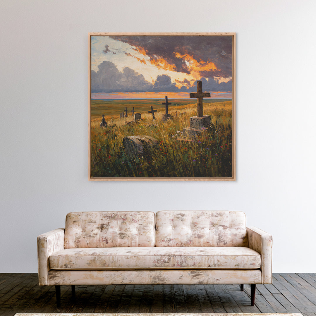 Moody Sunset Graveyard Landscape Wall Art, Dramatic Sky Rustic Canvas Print, Gothic Dark Academia Decor For Living Room