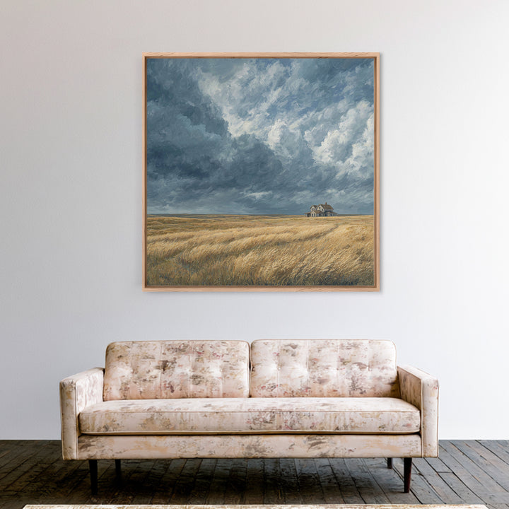 Moody Prairie House Stormy Sky Landscape Wall Art, Large Horizontal Canvas Print, Rustic Farmhouse Decor Living Room Art