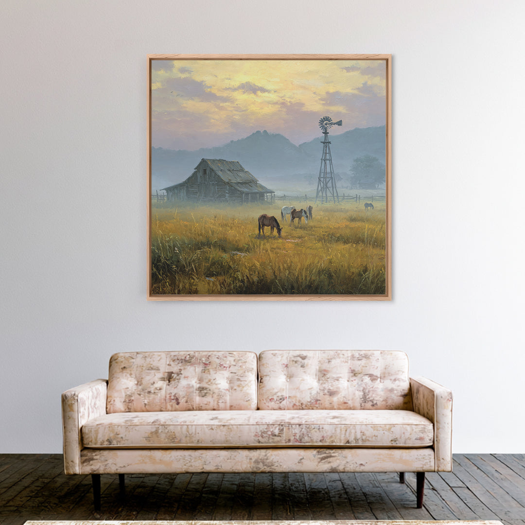 Rustic Barn And Horses Landscape Wall Art Canvas Print, Western Country Decor, Farmhouse Wall Art, Large Living Room Art