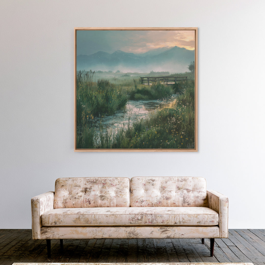 Tranquil Meadow Stream With Wooden Bridge And Mountains Landscape Wall Art Framed Canvas Print For Bedroom Decor