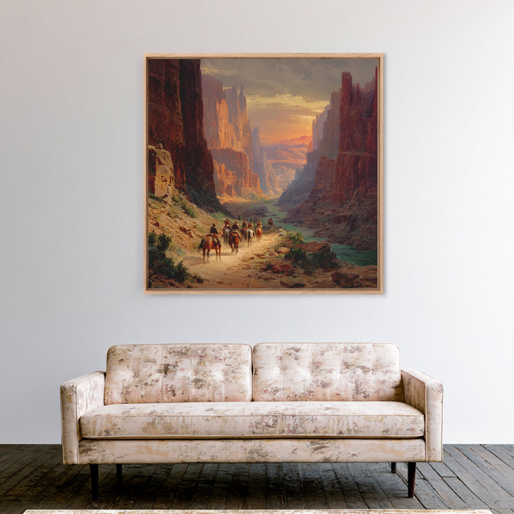 Cowboys Riding Through Canyon At Sunset Wall Art, Western Landscape Painting Print, Rustic Southwest Decor Living Room Art