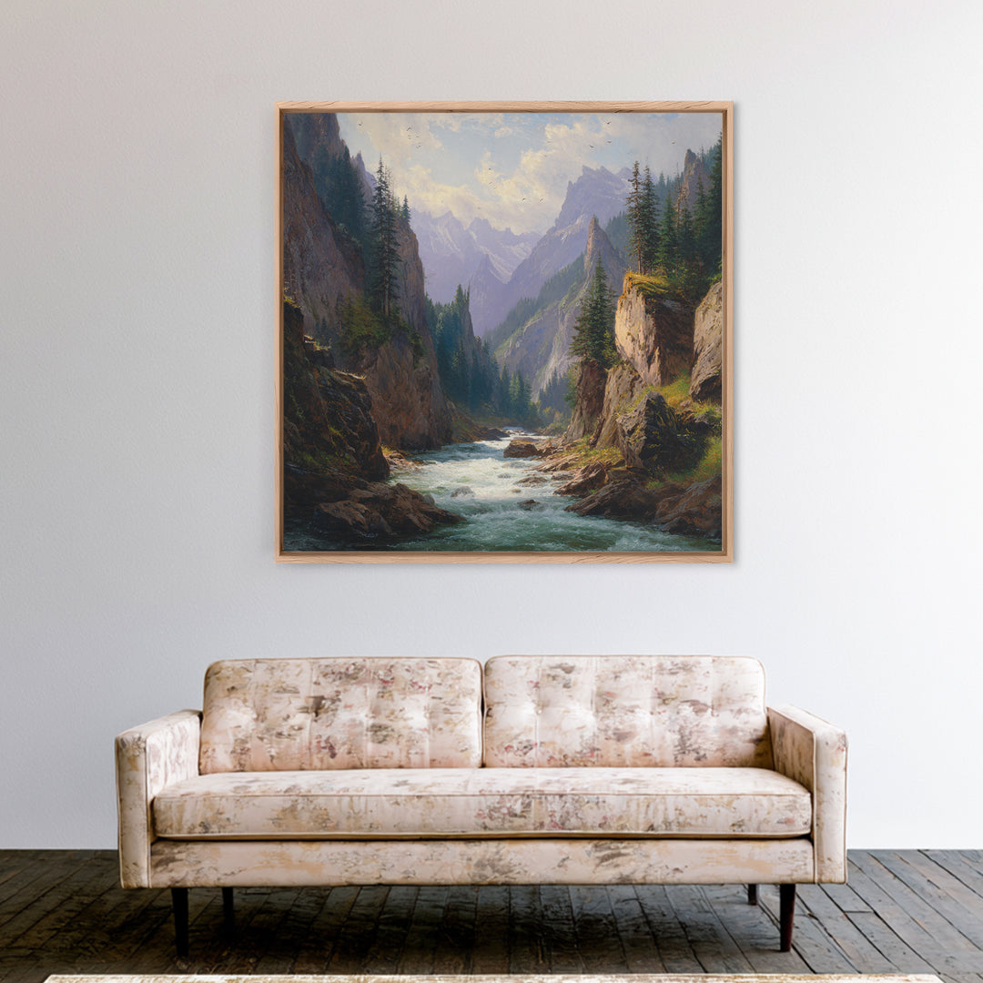Majestic Mountain River Landscape Oil Painting Wall Art, Large Nature Canvas Print, Rustic Cabin And Living Room Decor