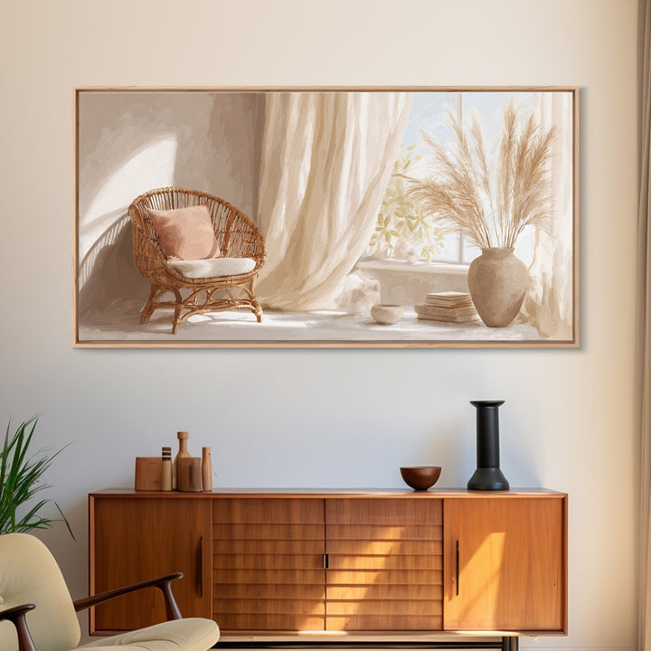 Sunlit Wicker Chair And Pampas Grass Framed Canvas Print, Neutral Boho Wall Decor, Cozy Bedroom Art For Modern Home Decor