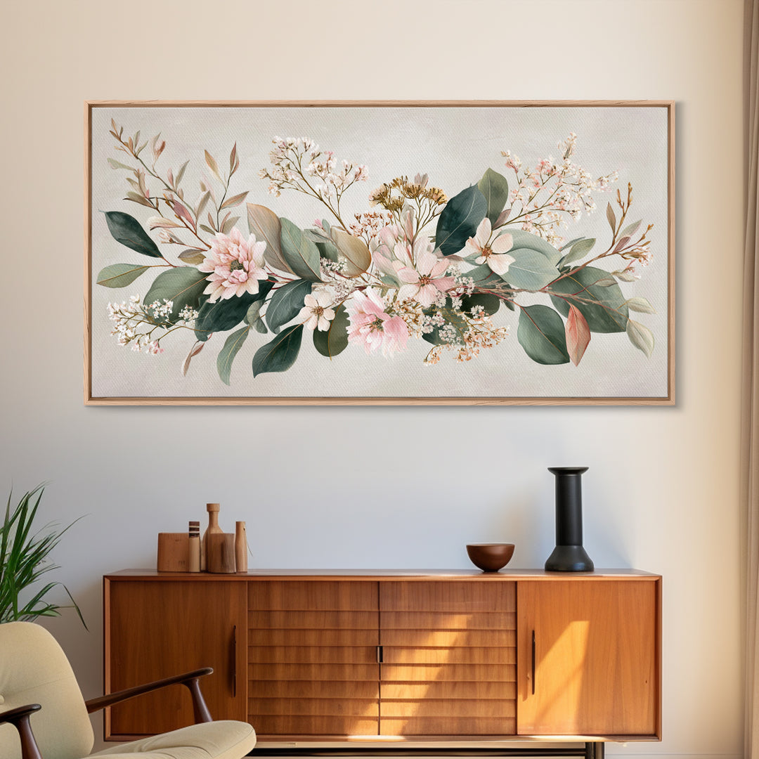Soft Pink Floral Greenery Canvas Print, Eucalyptus Botanical Wall Decor, Neutral Living Room Art, Modern Farmhouse Decor